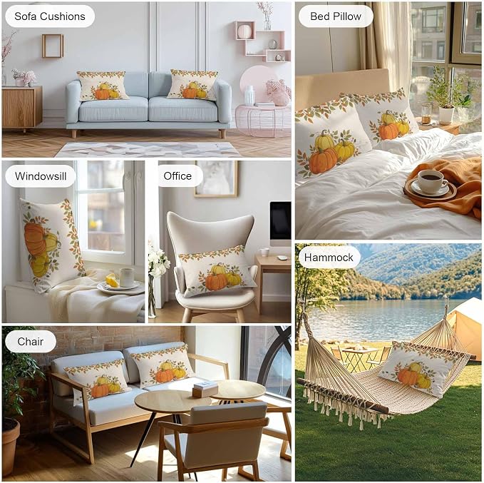 Orange Pumpkins Outdoor Waterproof Pillow Covers, Fall Yellow Leaves Vintage Beige Rustic Decorative Rectangle Throw Pillowcase Sofa Cushion Sham for Patio/Couch/Chair, 20"x12" 2 Pack