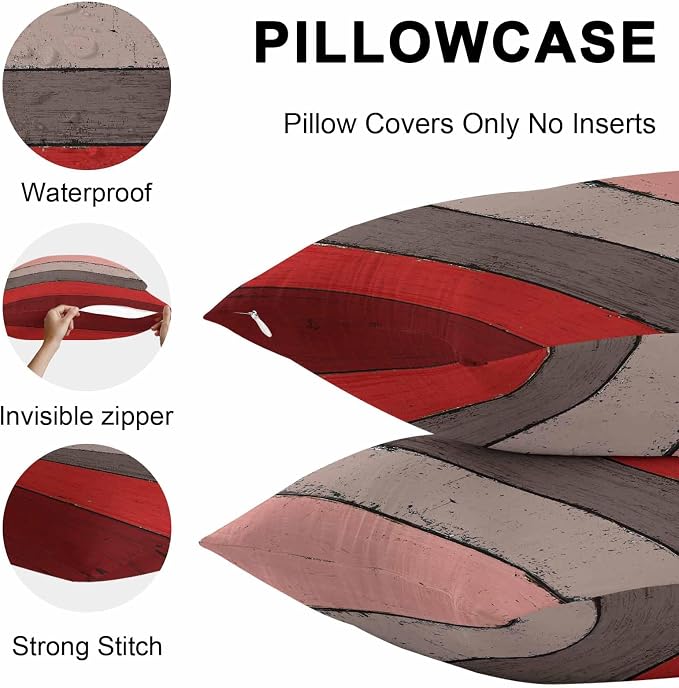 Outdoor Throw Pillow Covers 18X18 Set of 2 Waterproof Ombre Christmas Red Brown Decorative Zippered Cushion Covers for Patio Furniture, Farmhouse Retro Rustic Barn Wood Texture Lumbar Pillowcases