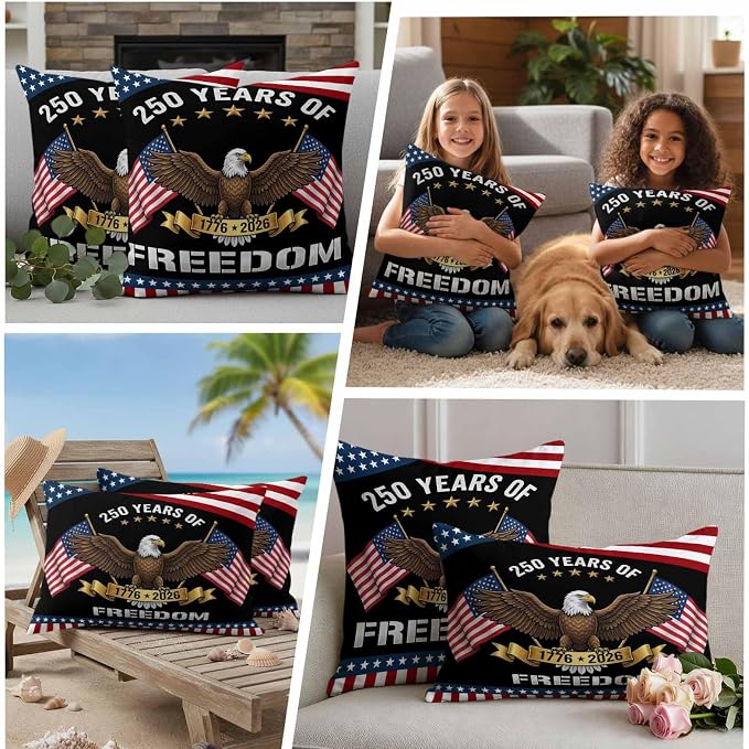 250 Years Anniversary Outdoor Waterproof Throw Pillow Covers 20x20 Set of 2, American Flag Eagle Independence Day Decor Pillowcases Cushion Pillowcase for Couch Sofa Patio Outside Pillow Protector