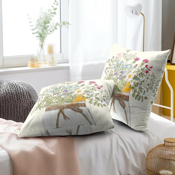Wildflower Throw Pillow Covers 18x18 Inch Set of 2 Flowers Leaves Bouquet Vase Spring Summer Seasonal Decor Cushion Cover for Bedroom Sofa Living Room Couch Bench Outdoor