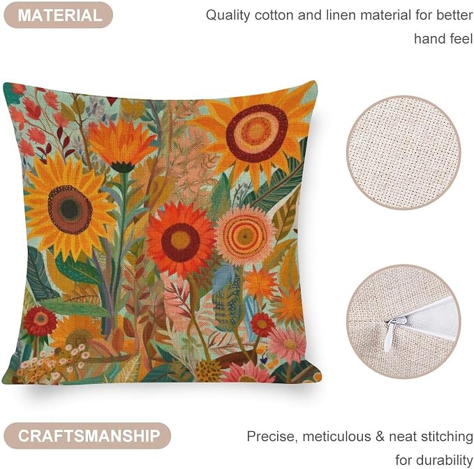 Modern Pillow Cover Butterfly Sunflower Cushion Pillow Cover Colorful Painting of Sunflowers Poppies Cooling Pillow Case Decorative Couch Pillow Cover for Sofa 20"x20" Cutton Linen Cushion Cases