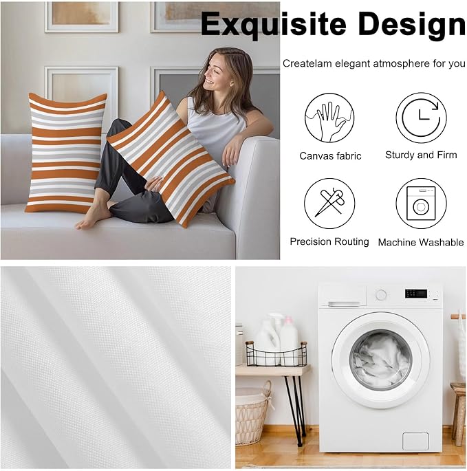 Burnt Orange Grey Stripe Outdoor Pillow Covers 20x12 Inch Lumbar Pillow Covers Set of 2 Waterproof Decorative Throw Pillow Cases Farmhouse Minimalist Striped Cushion Covers for Patio Furniture Garden