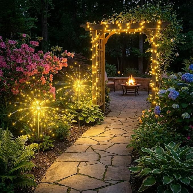 Solar Firework Lights Outdoor, Adjustable 32" to 51" Extra Tall, 200 LED Stainless Steel 3-Section Pole, 8 Modes Waterproof Starburst Garden Lights for Yard Pathway Walkway Decor(Warm White 4 Pack)