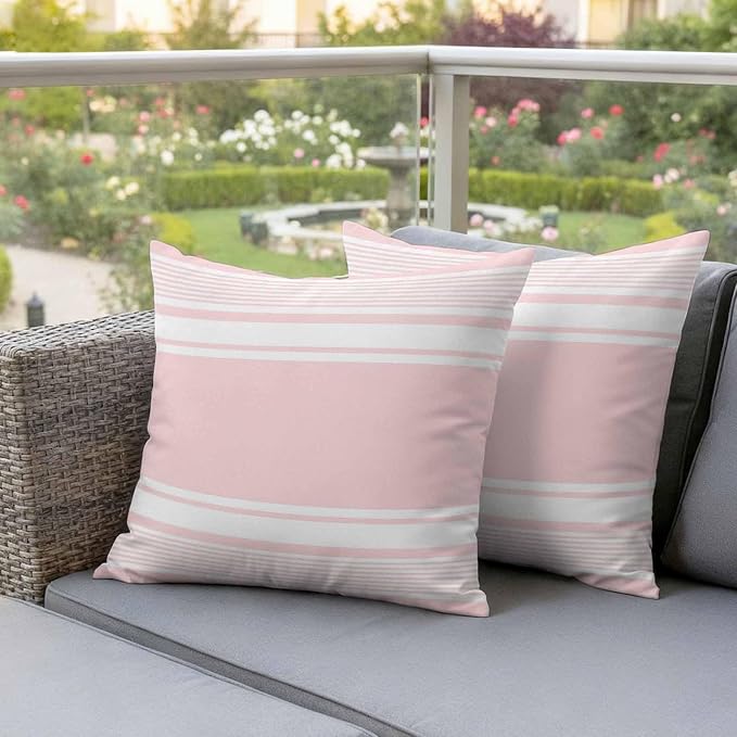 Vandarllin Outdoor Throw Pillows Covers 20x20 inch Set of 2 Waterproof Pink Stripes Decorative Zippered Cushion Covers for Patio Furniture, Striped Lines Lumbar Pillowcases