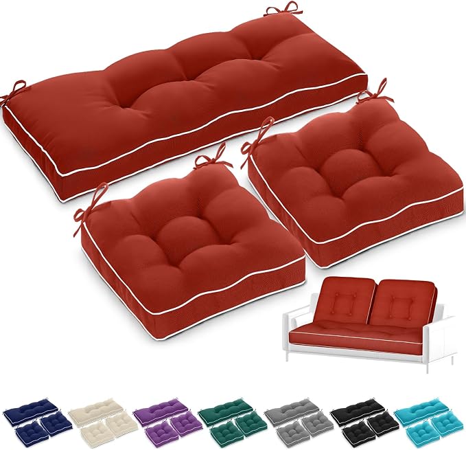 Wenqik 44 x 19 x 4 Inch Outdoor Bench Cushion Set of 3 Waterproof Tufted 1 Patio Loveseat Cushions and 2 Square Chair Seat Pad for Outdoor Furniture Couch Swing Sofa Wicker Settee(Wine Red)