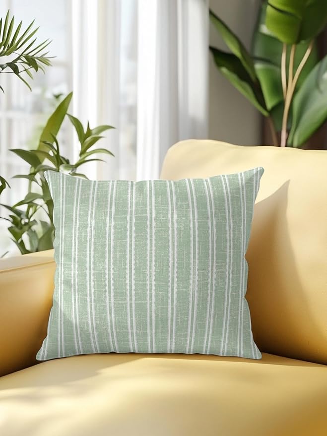 Waterproof Outdoor Pillow 1 Pack Green Linen Striped Decorative Throw Pillows Cover & Insert 18x18 Inch Pillowcase Vertical Stripes Lines Pillows for Couch Sofa Bed Patio Furniture Indoor Outdoor