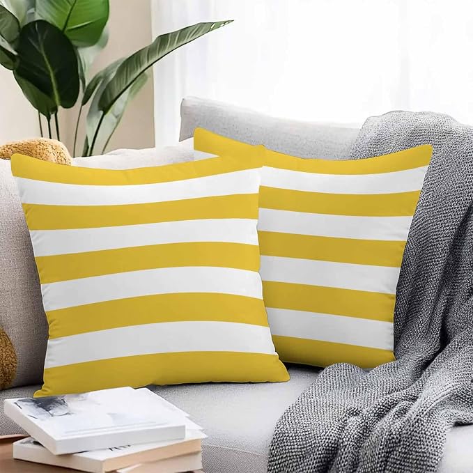 Outdoor Waterproof Throw Pillow Covers Set of 2 Yellow White Stripe Pillowcases 16x16 Inches Simple Style Striped Decorative Pillows Cushion Case Patio Pillows for Couch Bed Chair Garden