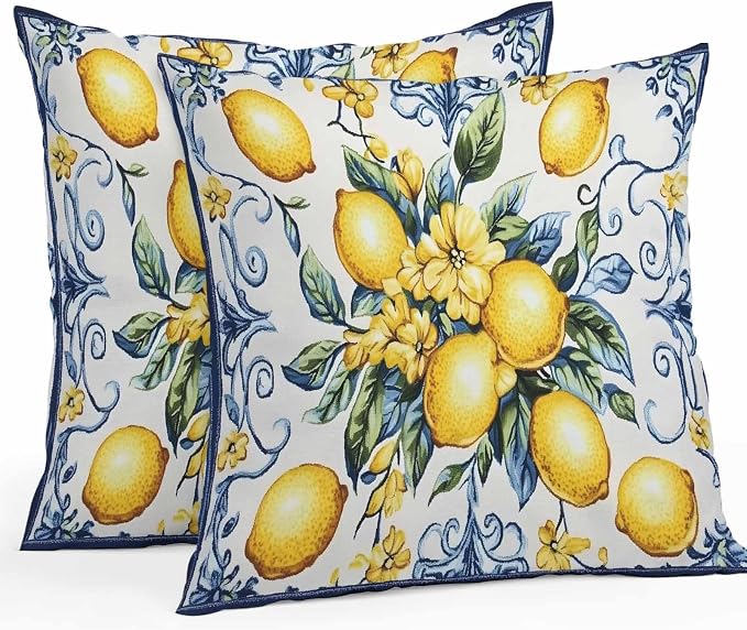 Throw Pillow Covers 20x20 Inch Set of 2, Yellow Lemon Waterproof Outdoor Cushion Covers, Middle Century Blue Italian Textured Decorative Pillowcases for Couch, Sofa, Bed, Garden, Patio