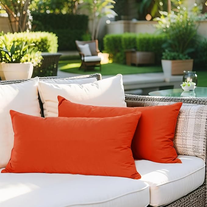 SK Studio Outdoor Water Resistant Throw Pillows, Decorative Patio Lumbar Cushions, Fluffy Furniture Garden Cushions for Home Patio Coach Sofa Use, Pack of 2, Orange Red, 12x20 Inch