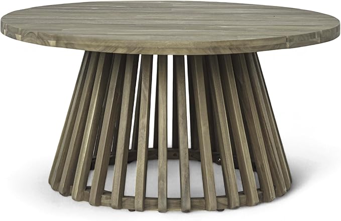 Christopher Knight Home Hakee Acacia Wood Patio Coffee Table, Round Table with Unique Wooden Base for Backyard, Balcony, Stylish Indoor/Outdoor Table, Easy Assembly, 31.5"x 31.5"x 16", Grey