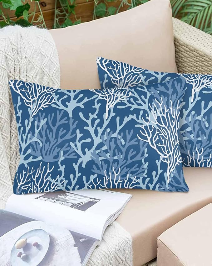 Pack of 2 Outdoor Pillow Covers 20x12 Waterproof Navy Blue Coral Throw Pillow Covers, Decorative Pillowcases Summer Coastal Beach Ocean Cushion Covers for Patio Garden Couch Pillow Case