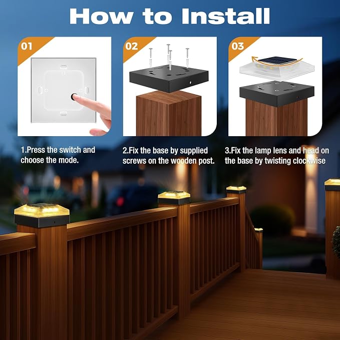 4x4 Solar Post Cap Lights Outdoor 12 Pack, 3 Color Modes/Dusk to Dawn/IP65 Waterproof, Fits 4x4 Vinyl/PVC Wood Posts Top, Black LED Fence Topper Light for Deck, Backyard