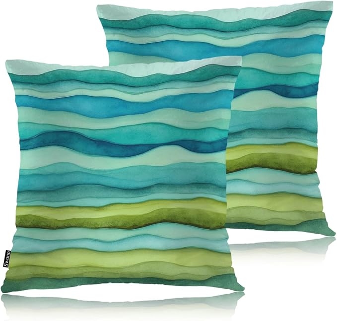 Swono Home Decorative Throw Pillow Covers Blue Green Waves, Watercolor Striped Wavy Marble Set of 2 Modern Pillow Case Cushion Cover for Sofa Couch Bed Farmhouse Pillows Covers Decor 18x18 Inch