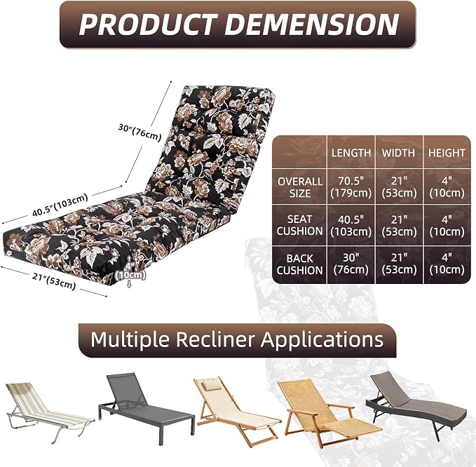 Patio Chaise Lounge Cushions, 70.5"x21"x4" Waterproof Replacement Beach Pool Lawn Outdoor Lounge Chair Cushion, Non-Slip Bottom & Secure Ties for Outdoor Furniture，Flower Black, 1Count