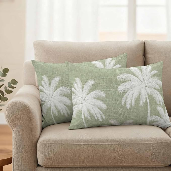 Lumbar Pillow Covers 20x12 Inch Set of 2, Sage Green Palm Trees Waterproof Outdoor Pillow Covers, Farmhouse Tropical Summer Beach Decorative Cushion Pillowcases for Couch, Sofa, Bed, Garden, Patio