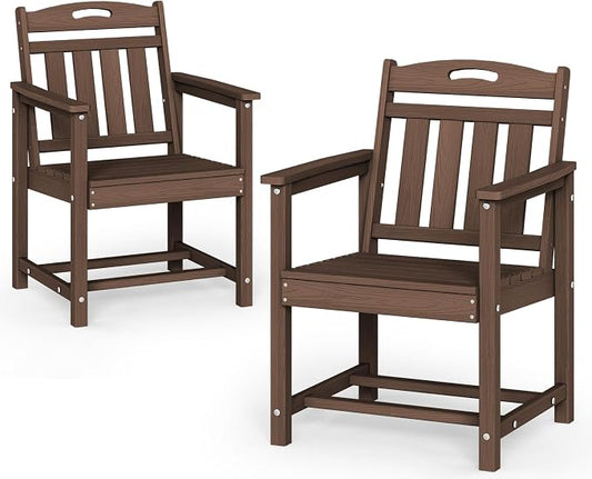 Set of 2 Weatherproof Patio Chairs - HDPE Outdoor Dining Chairs with Wide Seat, Ergonomic Design - for Garden, Backyard, Deck - Brown