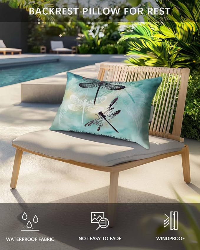 Pack of 2 Outdoor Lumbar Pillow Covers 11x16 Inch, Turquoise Dragonfly Waterproof Throw Pillow Covers Set, Country Gradient Black Animals Indoor&Outdoor Decorative Cushion Cases for Patio Porch Beach