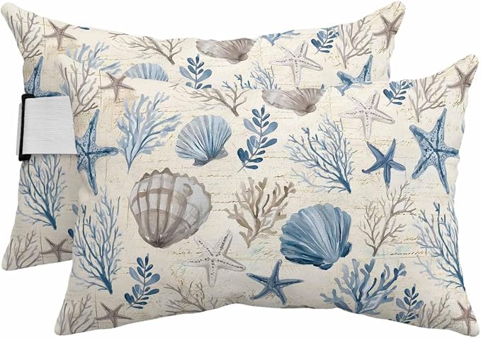 Blue Brown Coastal Outdoor Pillows with Insert 11x16 Inch Summer Coral Starfish Shell Vintage Waterproof Headrest Pillows with Adjustable Strap Lounger Chair Throw for Patio Furnitures, 2 Pack