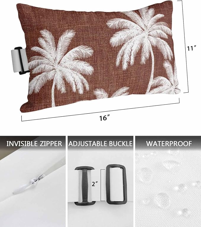 Pack of 4 Outdoor Lumbar Pillow Covers 11x16 Inch, Brown Palm Trees Waterproof Throw Pillow Covers Set, Farmhouse Tropical Summer Beach Indoor&Outdoor Decorative Cushion Cases for Patio Porch Car