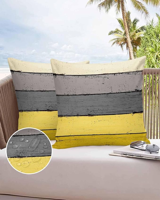 Outdoor Throw Pillow Covers 26X26 Set of 2 Waterproof Ombre Lemon Yellow and Gray Decorative Zippered Cushion Covers for Patio Furniture, Farmhouse Retro Rustic Barn Wood Texture Lumbar Pillowcases