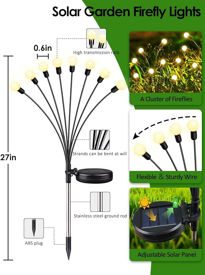 6 Pack Solar Garden Lights, 48 LED Firefly Lights Solar Outdoor Waterproof | 2 Lighting Modes, Sway with Wind, Solar lights Outdoor for Garden Yard Patio Pathway Holiday Decorations, Warm White