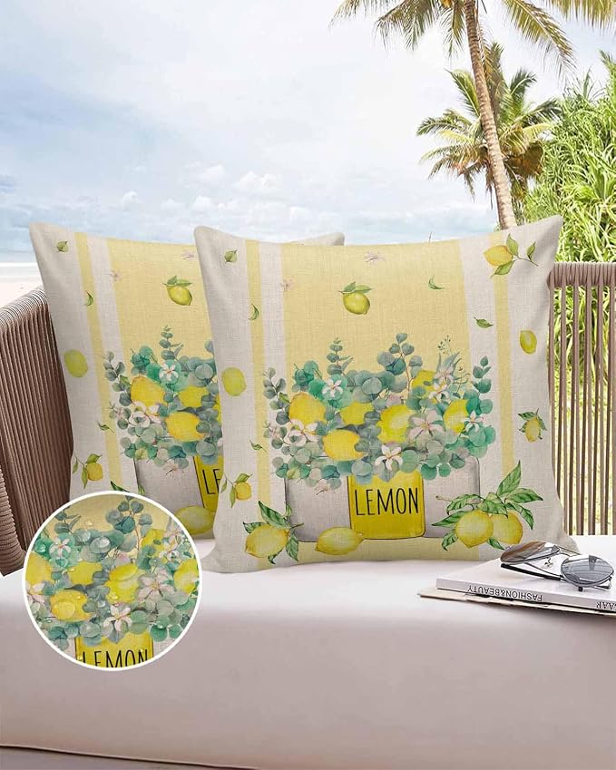 Eucalyptus Leaves Outdoor Pillow Covers Pack of 2, Yellow Stripes Vase Lemon Waterproof Pillow Covers Seasonal Spring Summer Throw Pillowcase for Patio Funiture Garden Tent, 18 x 18 inch