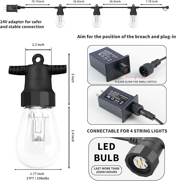 CAWWS Outdoor String Lights 27FT, Color Changing Patio Lights, Waterproof | 10 Shatterproof LED Bulbs, Multicolor & Warm White, Dimmable, IP67 Waterproof, APP & Remote, Custom Colors, 24V Low Voltage