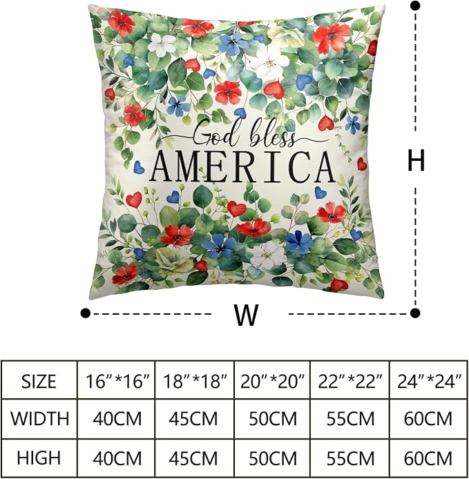 4th of July Pillow Covers Idependence Day Throw Pillow Covers 22x22 Red White Blue Flower Pillow Cases Eucalyptus Leaf Patriotic Cushion Cases for Home Bedroom Living Room 2 Pack