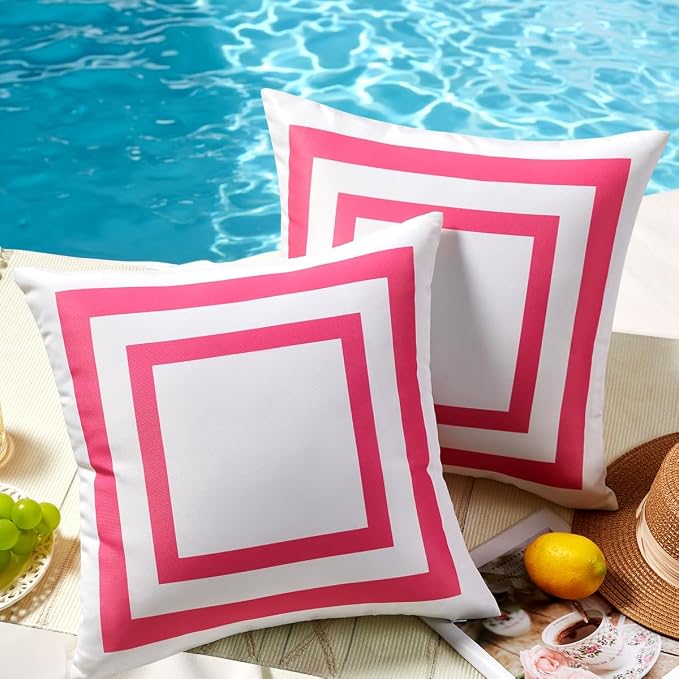 JOJOGOGO 18x18 Hot Pink Frame Outdoor Throw Pillow Covers Waterproof & Sunproof Set of 2, White and Pink Outdoor Decorative Throw Pillows for Patio Furniture and Porch Decor(Without Inserts)