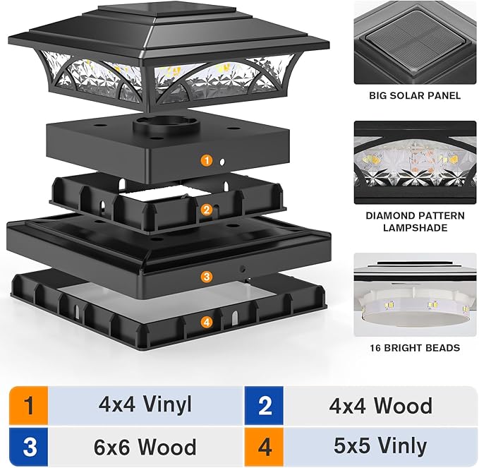 APONUO Solar Post Cap Lights 6 Pack - 4x4 5x5 6x6 Fence Post Lights, Auto On/Off, Waterproof IP64, 2-Mode (Warm/Cool White), Deck Patio Yard Solar Light for Wood & Vinyl Posts, Black