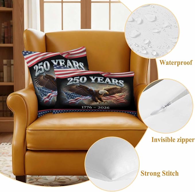 250th Anniversary USA Outdoor Waterproof Throw Pillow Covers 16x16 Set of 2, Independence Day Eagle Flag Decorative Pillowcases Cushion Pillowcase for Couch Sofa Patio Outside Pillow Protector