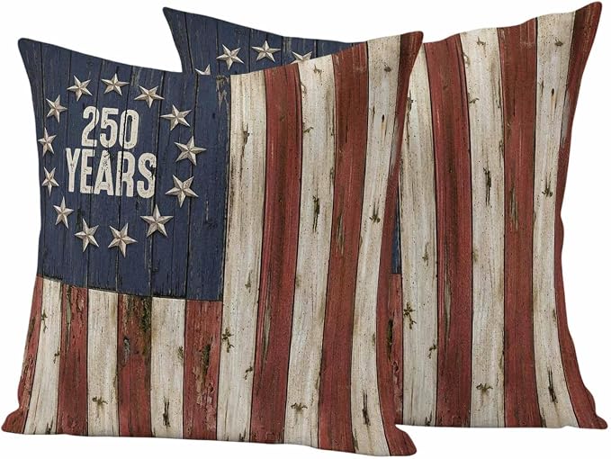 250 Year Anniversary USA Outdoor Waterproof Throw Pillow Covers 16"x16" Set of 2, 4th of July Vintage Wood Decorative Garden Pillowcase with Zipper Cushion Case for Patio Couch Tent