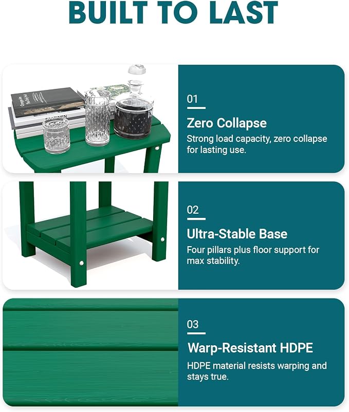 THOEOE Adirondack Outdoor Side Table, 2-Tier Sturdy Patio End Table Weather Resistant, Morden Side Table for Patio, Pool, Porch, Green