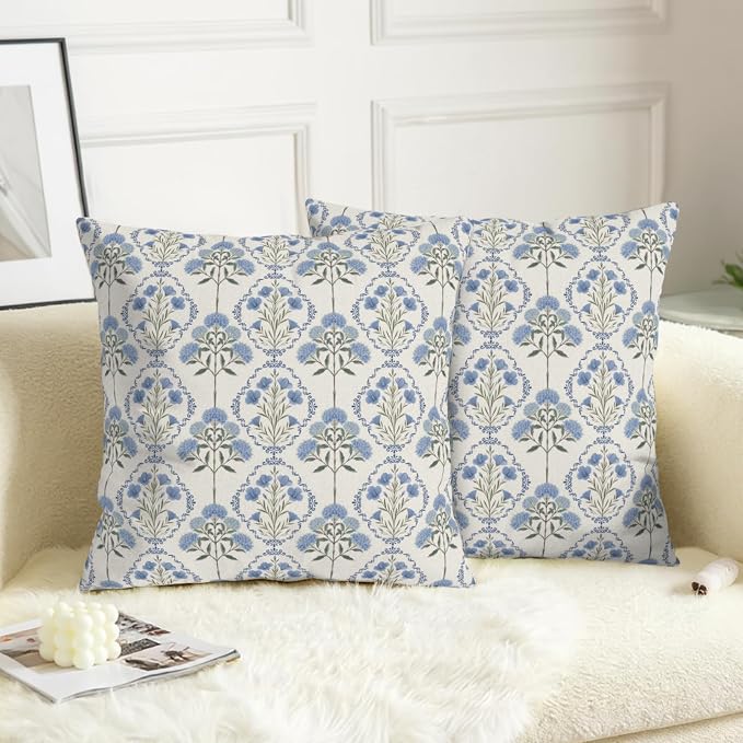 Vintage Floral Pillow Covers Blue Green Boho Flower Block Print Throw Pillow Cover 18x18 Spring Summer Hydrangea Pillow Cases Wildflower Farmhouse Cushion Case for Home 2 Pack