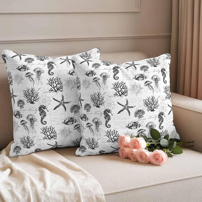 Gray Coastal Waterproof Outdoor Pillow Covers Set of 2 Home Decor, Retro Nautical Starfish Coral Jellyfish Pillowcase Patio Pillow Covers for Couch Bench Furniture Garden 20x20in