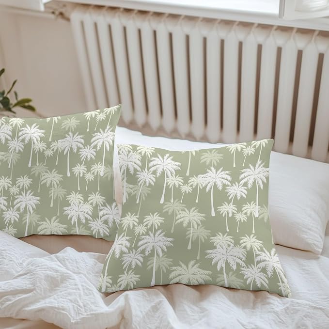 Throw Pillow Covers 18x18 Inch Set of 2, Tropical Palm Tree Waterproof Outdoor Pillow Covers, Sage Green Plants Coastal Leaf Beach Decorative Cushion Pillowcases for Couch, Sofa, Bed, Garden, Patio