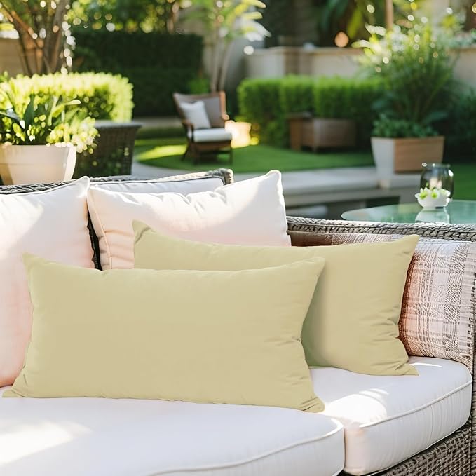 SK Studio Outdoor Water Resistant Throw Pillows, Decorative Patio Lumbar Cushions, Fluffy Furniture Garden Cushions for Home Patio Coach Sofa Use, Pack of 2, Beige, 12x20 Inch