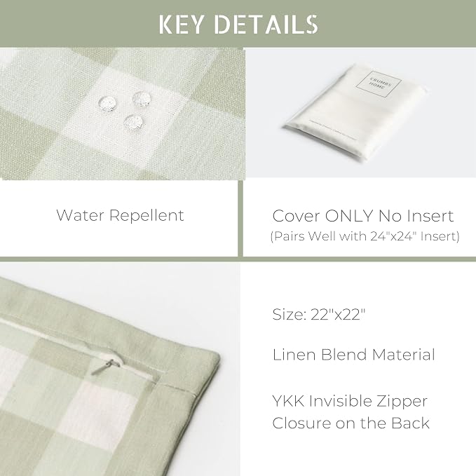 Modern Farmhouse California Casual Indoor Outdoor Throw Pillow Cover, 22"x22" Water Repellent for Patio, Backyard, Couch, Poolside, Light Green Print Gingham