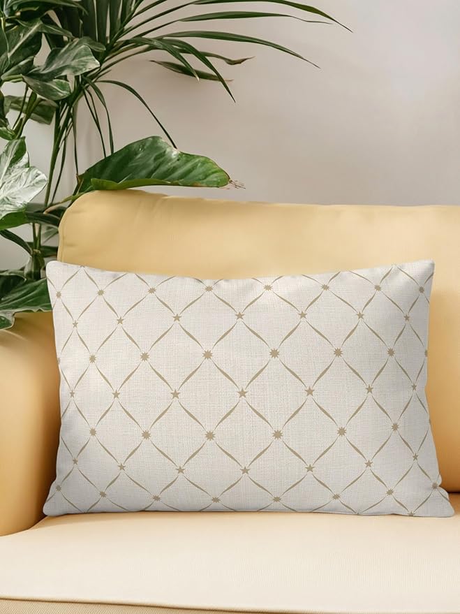 Vandarllin Waterproof Outdoor Pillow 1 Pack Beige Grid Plaid Decorative Throw Pillows Cover & Insert 20x12 Inch Lumbar Pillowcase Diagonally Crossed Lines Pillows for Couch Sofa Bed Patio Furniture