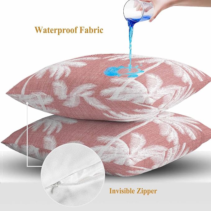 Outdoor Pillow Covers 20x20 Inch Set of 2, Pink Palm Trees Waterproof Throw Pillow Covers, Farmhouse Tropical Summer Beach Decorative Cushion Pillowcases for Couch, Sofa, Bed, Garden, Patio