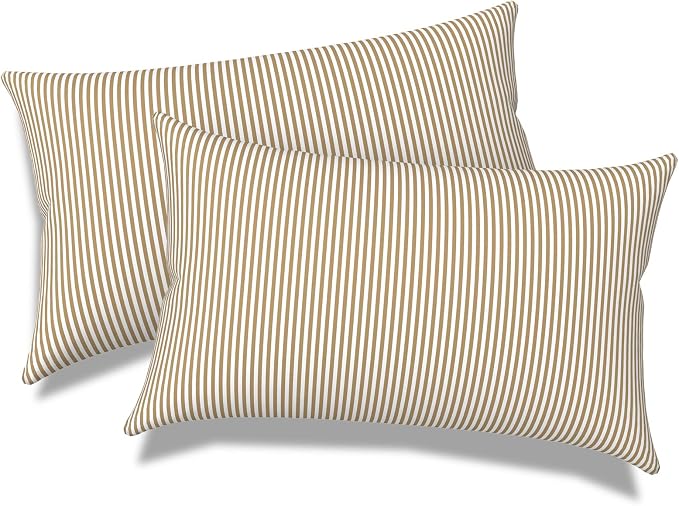 Outdoor Lumbar Pillows, Water Repellent Cushion Pillows 12x20 Inch, Outdoor Pillows with Inserts for Home Garden, Pack of 2, Stripe Beige