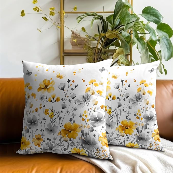 Wildflowers Throw Pillow Covers 22x22 Inch, Set of 2 Gray Yellow Flowers Botanical Art Square Pillowcases Soft Cotton Cushion Cover for Couch Bed Sofa Porch Car Home Decor