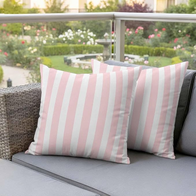 Pink Striped Outdoor Waterproof Throw Pillow Covers 24x24 Set of 2, Modern Farmhouse Pink White Stripes Decorative Pillowcases Cushion Pillowcase for Couch Sofa Patio Outside Pillow Protector