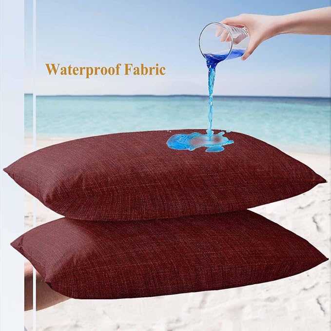 Outdoor Waterproof Throw Pillow Covers Set of 2 Wine Red Linen Lumbar Pillowcases 20x12 Inches Farmhouse Pure Color Decorative Pillows Cushion Case Patio Pillows for Couch Bed Chair Garden