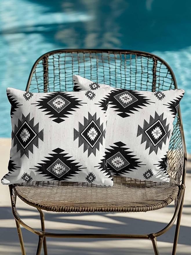 Waterproof Outdoor Pillow Set of 2 Gray Boho Aztec Decorative Throw Pillows Cover & Insert 18x18 Inch Pillowcase Southwest Tribal Style Square Pillows for Couch Sofa Bed Patio Furniture Indoor Outdoor