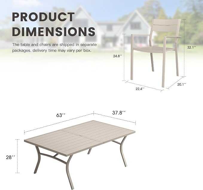 7 Pieces Patio Dining Set, 63" Outdoor Dining Table and Chairs Set for 6 Outdoor Furniture with Stackable Patio Chairs for Lawn Garden Backyard, Sandshell Table and Sandshell Chairs