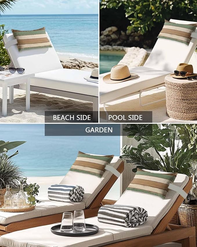 Chucoco Outdoor Head Pillow with Adjustable Elastic Strap, Rustic Green Brown Beige Stripes 2 Pack Waterproof Headrest Cushion Pillows for Balcony/Garden/Beach/Pool Chair Recliners Wood Barn