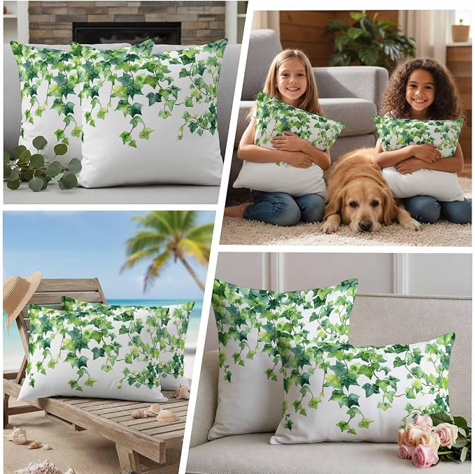 Outdoor Pillow Covers Set of 2, Green Leaf Vine Decorative Throw Pillow Covers 16X16IN, Country Leave Throw Pillows Protector Cushion Case for Patio,Couch,Sofa,Garden