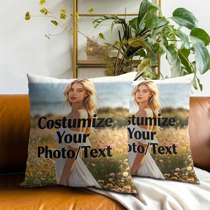 Custom Design Photos or Text Throw Pillow Covers 22x22 Inch – Pack of 2 Personalized Pet Photo Cotton Hidden Zipper Pillowcases for Couch Sofa Bed Porch Farmhouse Home Decor