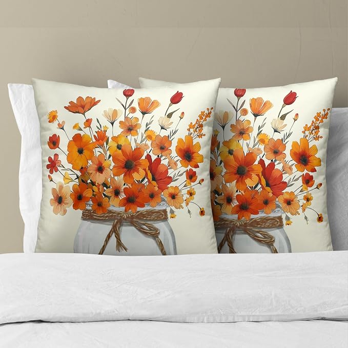 Watercolor Floral Throw Pillow Covers 20 x 20 Inches Set of 2 - Orange Flower Autumn Season Accent Square Cotton Linen Pillowcase for Sofa Home Decor Bedroom Living Room